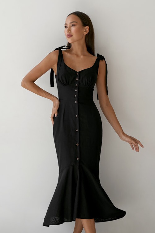 Силуэтное платье миди изо льна на завязках в черном цвете