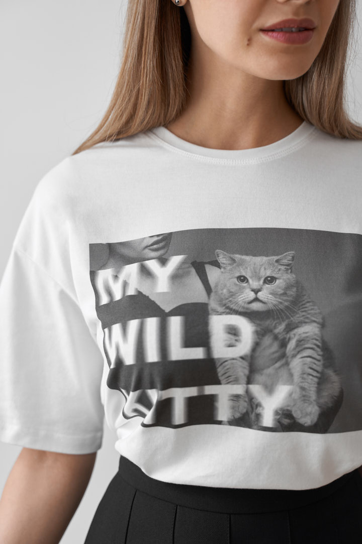 Футболка oversize с авторским принтом My wild kitty