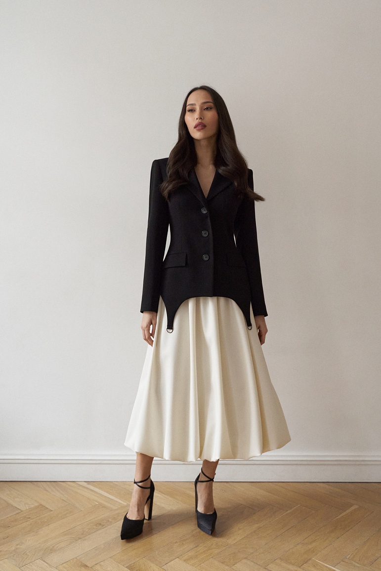 Юбка баллон миди из тонкой шерсти в молочном оттенке