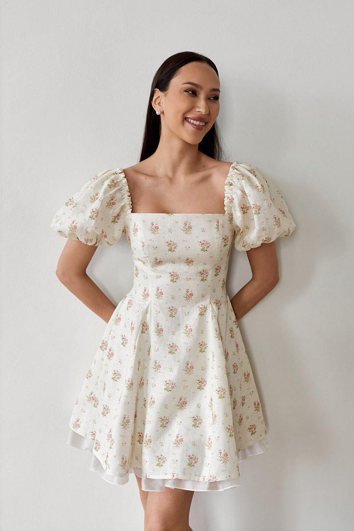 Платье мини изо льна с цветочным принтом