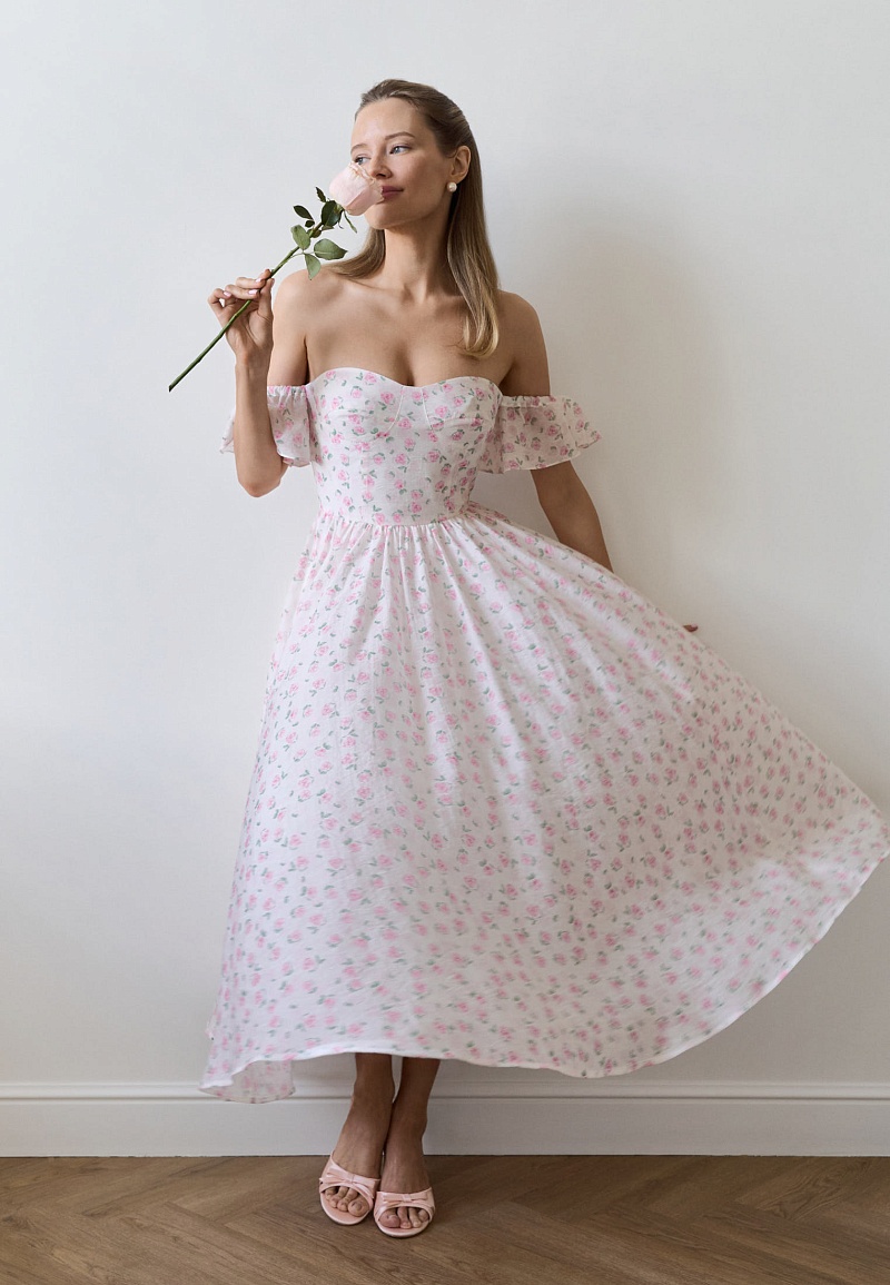 Платье бюстье с крылышками и принтом розочки